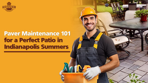 Professional masonry expert holding cleaning supplies for patio paver maintenance in Indianapolis summer.