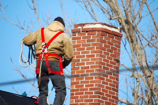 A professional wearing a safety harness and holding ropes while inspecting or repairing a brick chimney on a clear day.