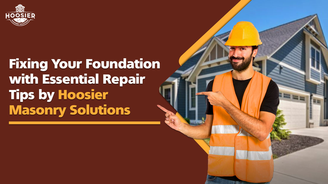 Worker in orange vest and hard hat points to 'Fixing Your Foundation with Essential Repair Tips by Hoosier Masonry Solutions' text in front of a modern home.